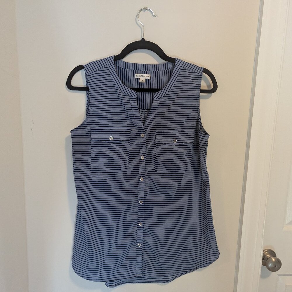 Black and blue striped sleeveless button-down blouse, size S
